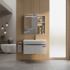 מכירת חיסול של WJL - ארון אמבטיה מודרני מינימליסטי מאלומיניום, תלוי על הקיר, עם כיור ומראה מגדילה. - Product Image 1