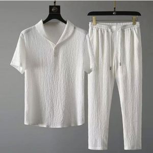 Ensemble décontracté d'été 2 pièces pour homme en satin respirant : Hauts à manches courtes + Pantalon long, couleur unie, col polo à revers, boutons élastiques - Product Image 1