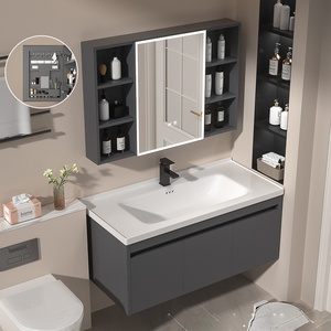 Moderno gabinete de baño inteligente suspendido con lavabo integrado de cerámica. - Product Image 3