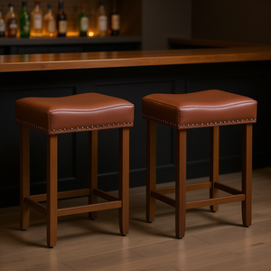 Bar <b>Stools</b> 24 Inch PU <b>Leather</b> Upholstered Wood Frame Modern Contemporary Home Bar Furniture Set Of 2 Brown - Product Image 2