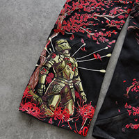 Jeans baggy noirs délavés personnalisés OEM pour hommes avec broderie de fleurs de cerisier samouraï et finition usée pour un style streetwear vintage Y2K