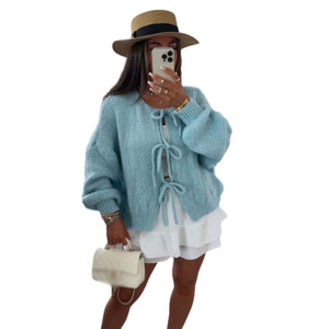 Suéter Cárdigan de Mujer con Cuello Redondo y Lazo, Color Sólido, Estilo Simple, para Otoño e Invierno - Product Image 4