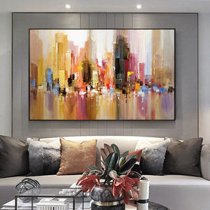 Pintura al óleo de paisaje texturizado de ciudad moderna hecha a mano, decoración de pared de lienzo, arte de pared de paisaje urbano abstracto colorido grande para la vida - Product Image 2
