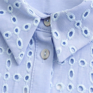 Robe <span class=keywords><strong>midi</strong></span> décontractée élégante en mousseline de soie bleu ciel à broderie anglaise et rayures, à manches longues, pour femme, fabriquée sur mesure - Product Image 6