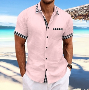 2024 été nouveau européen et américain hommes plage loisirs coton et chanvre poche épissage col à manches courtes <span class=keywords><strong>chemise</strong></span> - Product Image 4