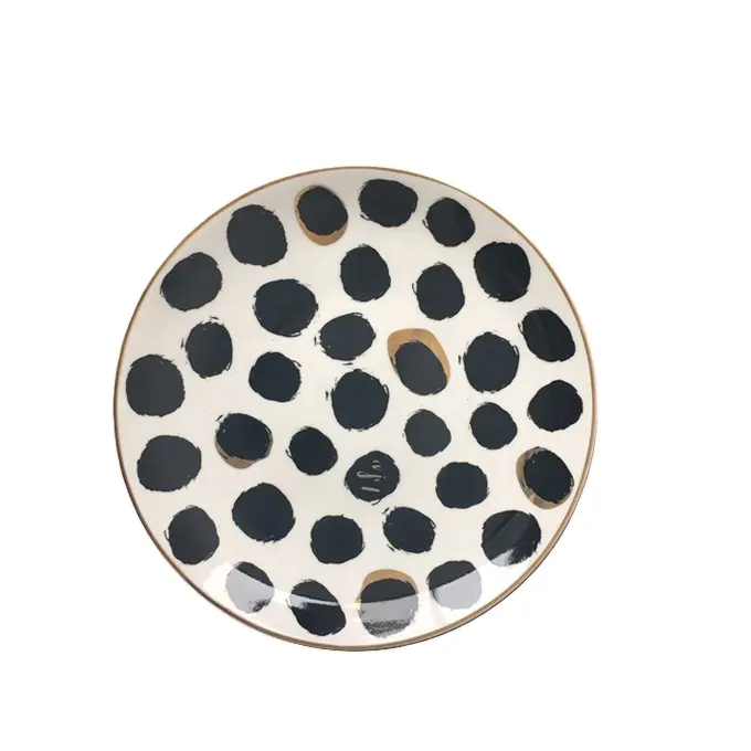 공장 뜨거운 판매 세라믹 접시 접시 블랙 도트 데칼 도자기 세라믹 플레이트