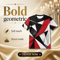 T-shirt pour homme en popeline 3D AOP avec motif 100% polyester noir rouge blanc géométrie facettée séchage rapide respirant col rond