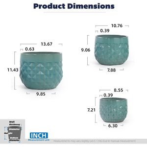 Pots de fleurs Mdj en céramique, 9, 11, 14 pouces, couleur turquoise, texture diamantée, trou de drainage, émaillés, pour usage domestique - Product Image 4