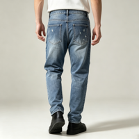 Jean droit déchiré pour homme, bleu délavé, effet usé, cinq poches, coupe affinée, décontracté, personnalisable OEM