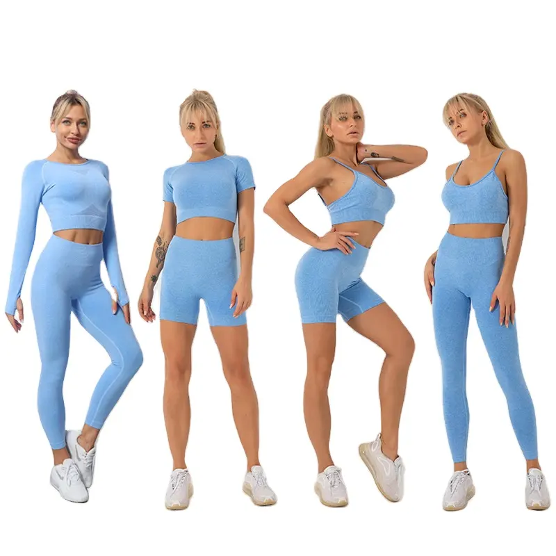Düz renk dikişsiz sıcak satış spor Fitness giysileri atletik giyim kadın aktif geri dönüşümlü kumaş 5 parça Yoga seti