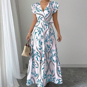 Vestidos Elegantes de Playa para Mujer, con Lazos Delanteros, Dobladillo con Volantes, Manga Corta, Estampado Floral, Corte en A, a la Moda - Product Image 3