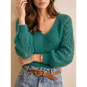 Pull en maille ajourée à col en V vert cyan pour femmes - Product Image 2