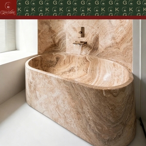 Baignoire ovale autoportante en onyx et marbre travertin GOLDKING, style moderne et minimaliste pour appartement, beige avec veines marron miel, OEM - Product Image 2
