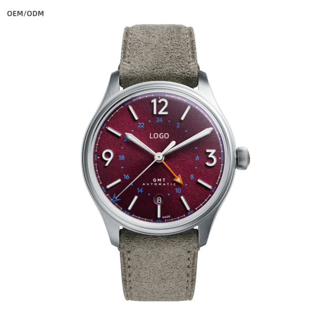 OEM ODM Custom Watches with logo branding 9075 True GMT Automatic mechanical wristwatch Burgundy Textured Dial 40mm Suede Strap