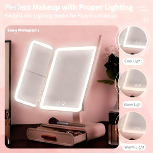 <span class=keywords><strong>Miroir</strong></span> de maquillage <span class=keywords><strong>triple</strong></span> pliable de table en gros avec lumière LED, <span class=keywords><strong>miroir</strong></span> de maquillage multifonction avec grossissement 3x - Product Image 3