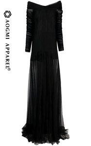 <span class=keywords><strong>Alta</strong></span> <span class=keywords><strong>costura</strong></span> moda señoras nuevo diseño tafetán 100% seda hasta el suelo manga larga cuello en V sirena silueta vestido - Product Image 2