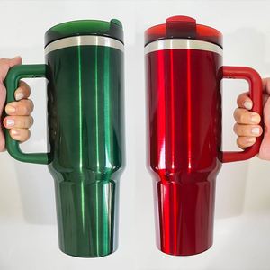 Gobelet H2.0 40oz avec poignée et paille, aspect métallique brillant, rouge et vert, pour sublimation, cadeau de Noël - Product Image 1