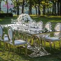 Nouvelle table à manger d'extérieur pour 8 personnes en argent/or pour hôtel et mariage, en acier inoxydable et verre miroir