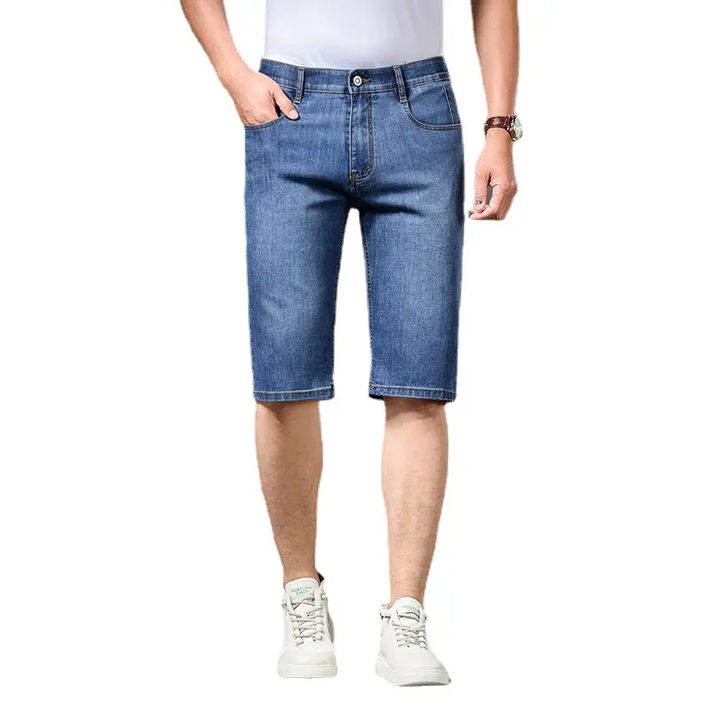 Summer straight men's denim shorts wholesale custom loose casual cotton jeans elastic mid-waist all-match shorts men