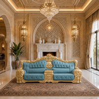 Ensemble de canapés Majlis arabes de luxe, canapé en cuir en bois massif doré sculpté à la main avec table basse en marbre pour villa et palais