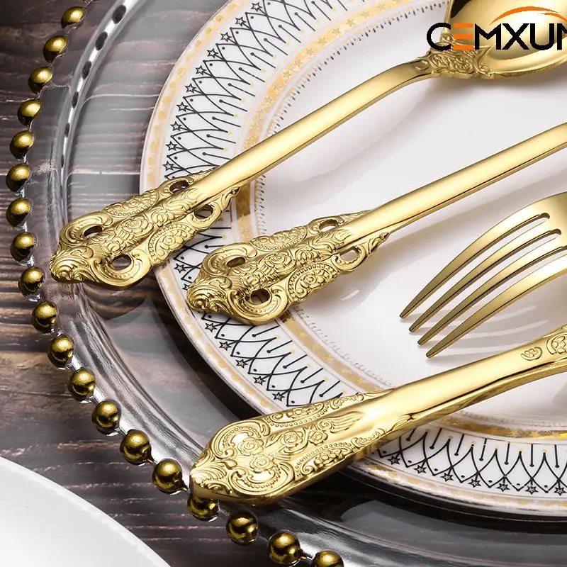 High Quality Wholesale China Factory Price Mirror Polish stainless steel Thick Handle golden silver flatware sets