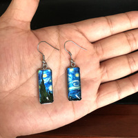 Pola dapat disesuaikan persegi panjang baja nirkarat kaca waktu permata menjuntai anting-anting antik agevan Gogh Lukisan kaca Drop anting-anting menjuntai