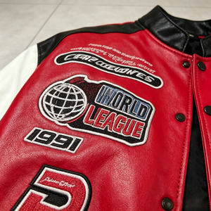 <span class=keywords><strong>Veste</strong></span> <span class=keywords><strong>Moto</strong></span> Courte Y2K Streetwear Personnalisée pour <span class=keywords><strong>Femme</strong></span> – Blouson Bomber en Similicuir Racing Color Block <span class=keywords><strong>Rouge</strong></span>, Noir et Blanc - Product Image 3