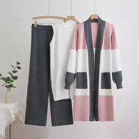 Ensemble trois pièces en laine pour femmes européennes et américaines : pull cardigan mi-long tricoté, pantalon large