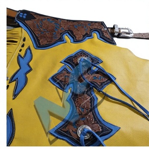 Chaps de Rodeo Western en Cuir Jaune Western Performance, Sculptés à la Main avec Motifs Floraux, Fermeture à la Taille, Protection Robuste, Unisexe - Product Image 3