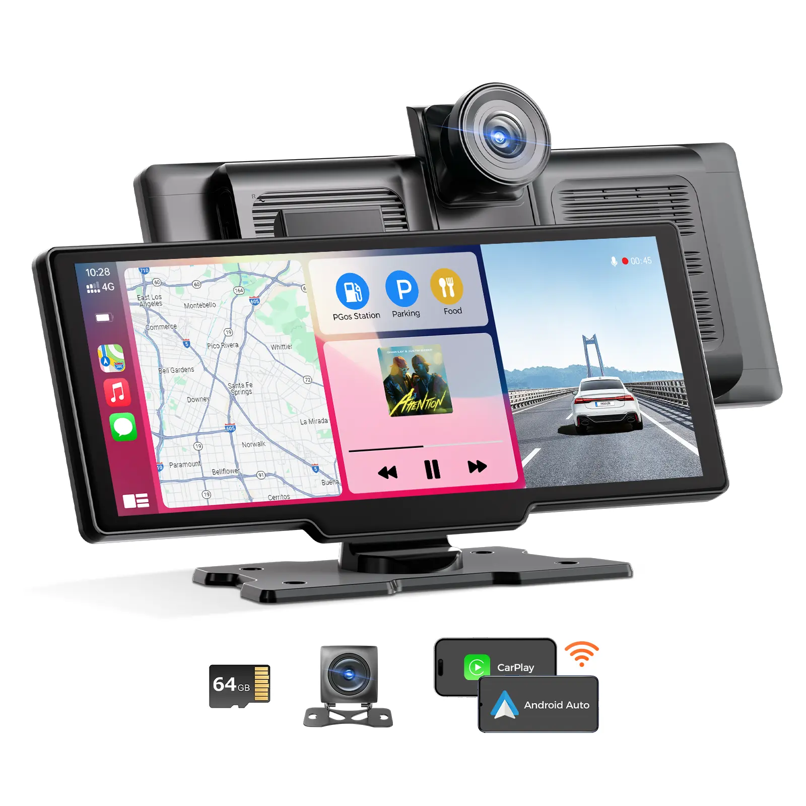 Azdome P20 sem fio para carro, estéreo Apple Carplay com câmera de backup 4K Dash Cam 1080P, tela de toque portátil, navegação GPS