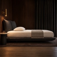 Cama Flotante Moderna Nórdica Tapizada en Tela, Tamaño Doble/Queen, Cabecera Suave para Recámara Principal, Estilo Crema