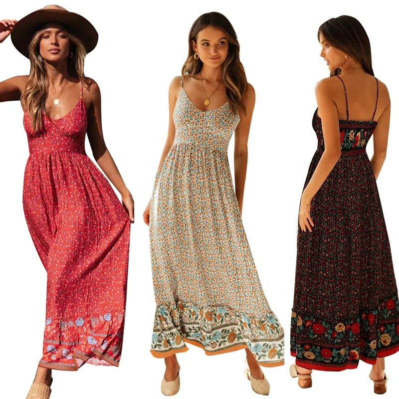 New 2022 Style A-line Amazon European Women Casual Dresses Women's Clothing Floral Printed Boho V-neck Slip Maxi Dress