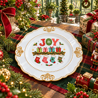 Assiette décorative en plastique de 13 pouces, imprimée UV, motif JOY, avec bordure dorée de luxe, pour la décoration de la salle à manger et du cheminée de Noël