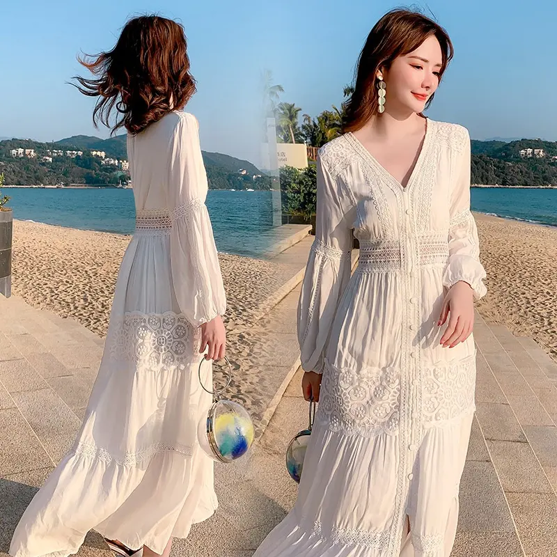 أزياء كورية أنيقة بيضاء للنساء فستان صيفي من الدانتيل البوهيمي واسع فستان طويل الأكمام فساتين قطنية للشاطئ كاجوال