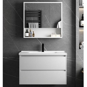 Mueble de baño de madera maciza blanca con espejo y lavabo de cerámica de una pieza - Product Image 2