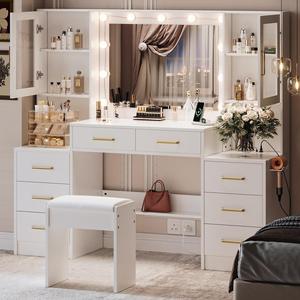 Coiffeuse Haut de Gamme Laquée Blanche pour Chambre avec Éclairage LED et Miroir sur Pied, Table de Maquillage Moderne de Luxe en <span class=keywords><strong>Bois</strong></span> avec Rangement - Product Image 6