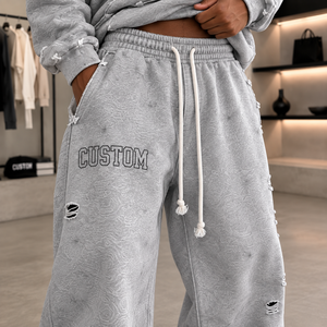 Survêtement gris délavé pour homme OEM, style vintage, en molleton 440 GSM, avec détails effilochés, pantalon large, fabrication de survêtements haut de gamme - Product Image 4