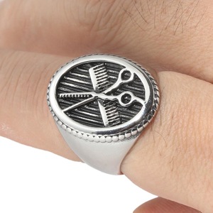 Yunnique Men's Stainless Steel <b>Ring</b> Hair Scissors Comb Geometric Modeling Steel Color Oval Retro Design Fashion Jewelry Gift - Product Image 3