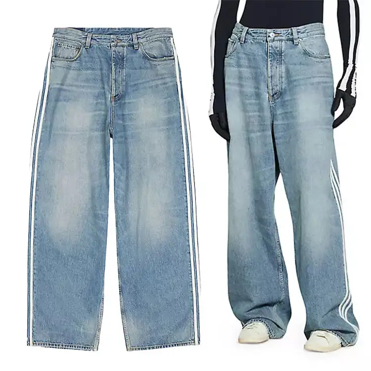 Calça jeans larga lavada para homens, calça jeans decorativa listrada fashion para uso em rua, com remendo de couro personalizado