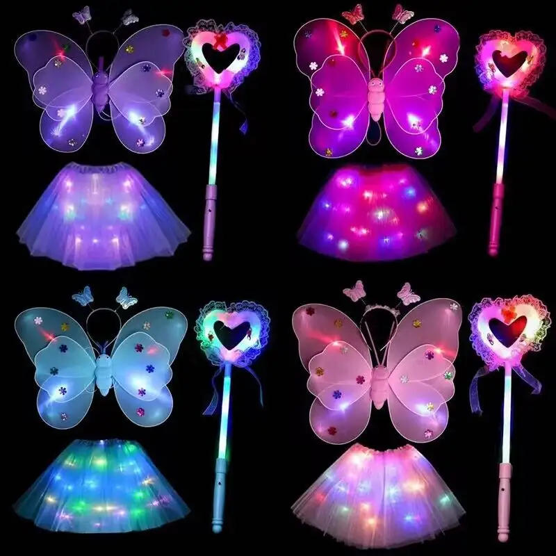 Parti doğum günü led ışık up kanatları tutu etek elbise kızlar kelebek melek kanat kostüm suit oyuncak sahne peri kanatları ile çocuklar için