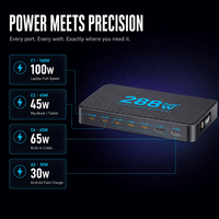 Chargeur de bureau GaN 288W ultra-plat 8 ports USB-C PD 3.0 100W PPS avec câble rétractable pour les voyages d'affaires