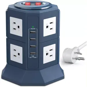 Multi Plug Electric Cabel Power Socket With Switch,2m Extension Cord Travel Adapter Tower Plug Outlet With 8 Outlets,4 USB Ports