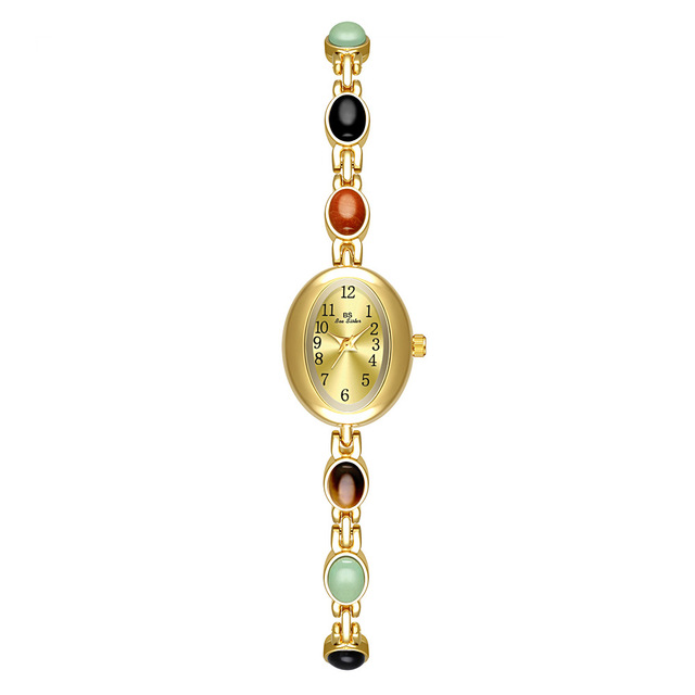 Vintage Women Business Luxury Gold Stainless Steel Wristwatch Natural Stone Slim Chain 20m Water Resistant Oval Shaped OEM