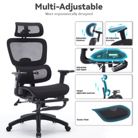 Chaise de bureau pivotante noire moderne et confortable en tissu maillé, dossier haut ergonomique avec repose-pieds