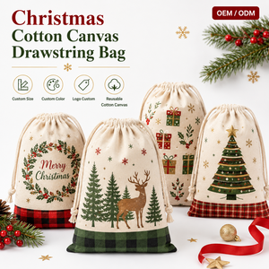 Sac en toile à cordon de serrage en <span class=keywords><strong>coton</strong></span>, motif écossais et rennes, taille personnalisée OEM/ODM, pour emballage cadeau de Noël et souvenirs de fêtes - Product Image 4