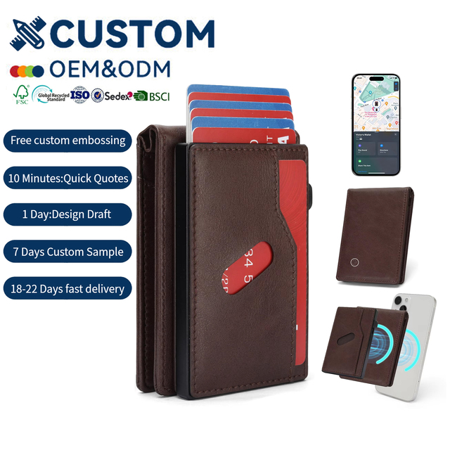 Custom Magnetic Detachable RFID Metal Credit Card Holder with GPS Tracker Chip Open Short PU Leather Pop up Card Wallet for Men