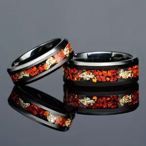 2024 New Design Inlay Gold Leaf Tungsten Carbide Black Ring New Tungsten Ring Man Fire Opal Ring