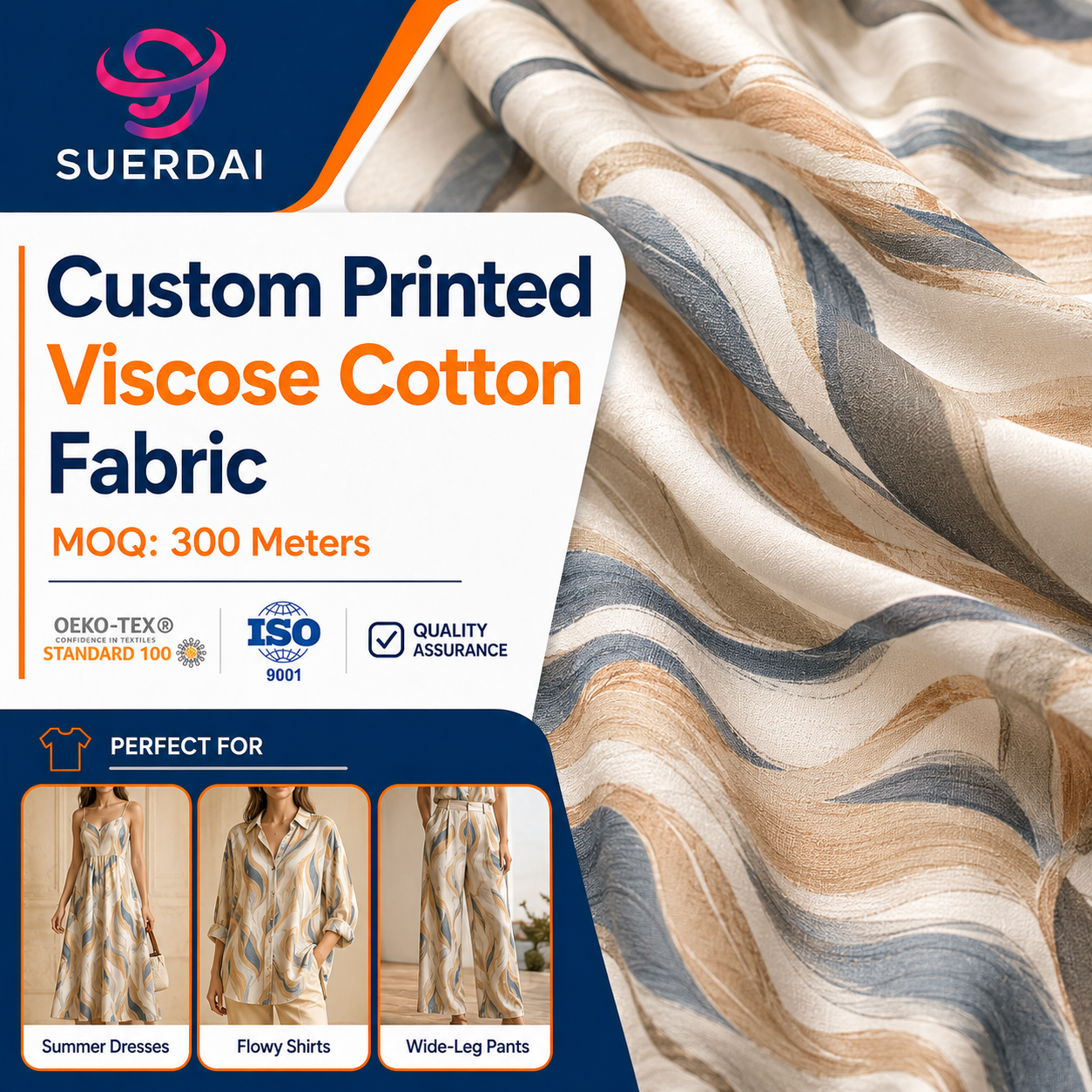 Womenswear Brands Viscose Cotton Rayon Woven Printed Fabric for Women Dress Pants Bulk Dress Orders Wholesale by Roll