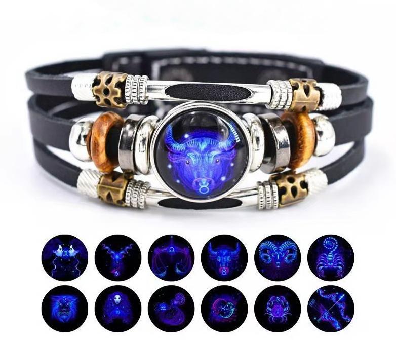 Luminous New Silver Retro Hand Woven Beaded Leather 12 Zodiac Sign Link  Chain Bracelets Trendy Style Wedding and Gift
