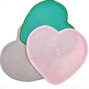 heart-shaped polyester woven pom pom decorative table placemat for wedding party valentine